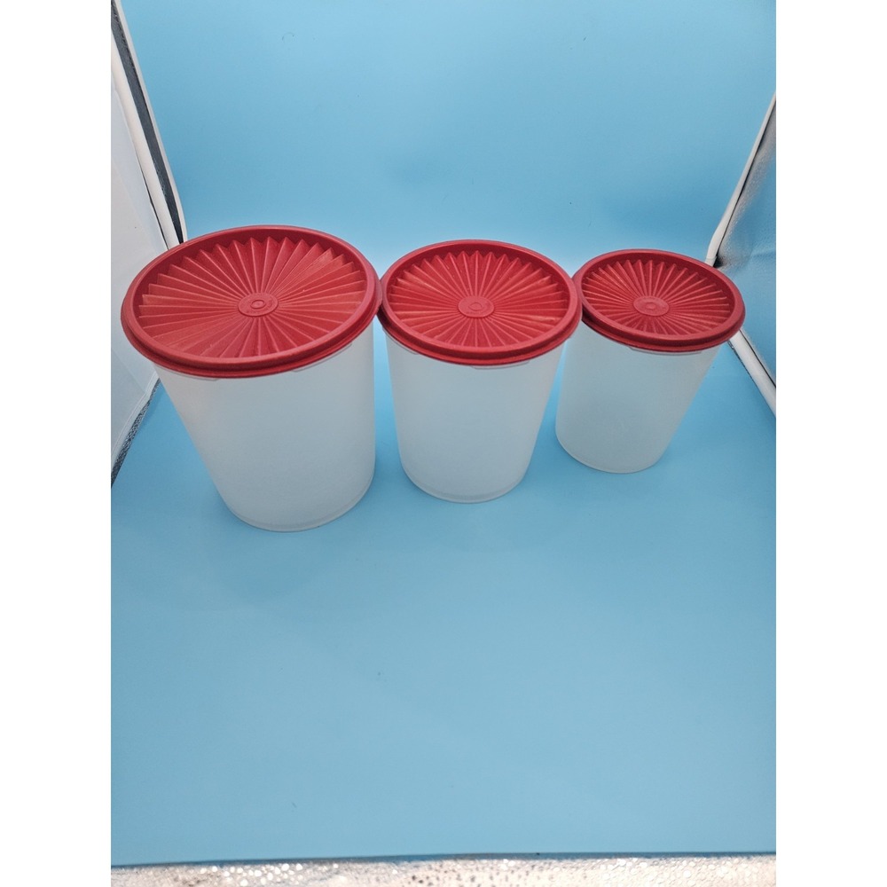 Vintage Tupperware Sheer White Canisters Red Sunburst Lids Set of 3 USA